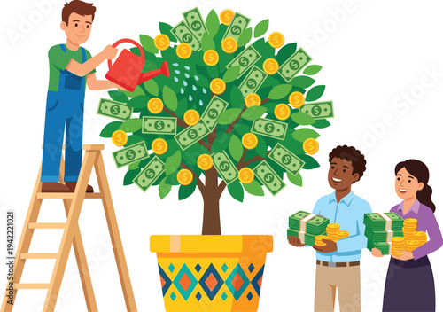 Man watering money tree with people receiving cash nearby standing on ladder with ladder illustration