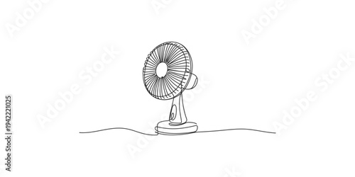 Continuous line drawing of a small oscillating table fan on a flat surface
