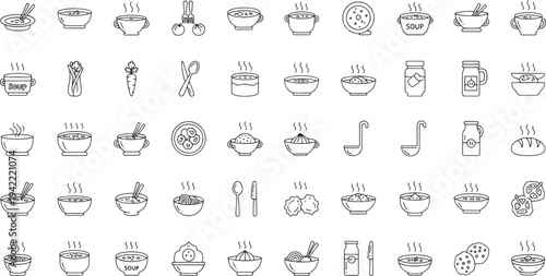 Black and white line of various soup bowls utensils and ingredients line soup