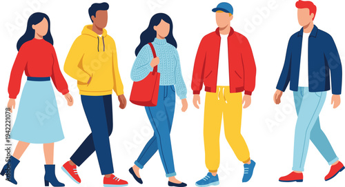 Diverse group of young multiracial people walking together in casual fashion clothing, modern flat vector illustration on white background