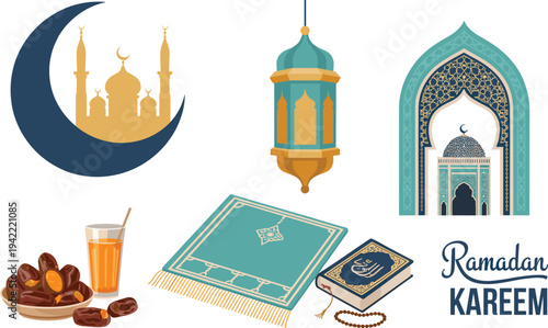 Ramadan Kareem Islamic elements collection with mosque arch lantern crescent moon Quran prayer mat dates and tea traditional vector illustration set