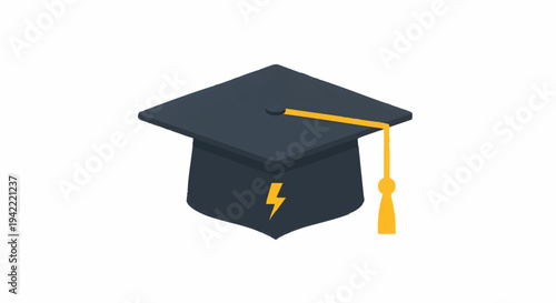 Graduation cap with yellow tassel and lightning bolt emblem