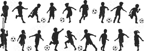 Kids Playing Soccer Silhouettes Collection with Football Ball, Children Running and Kicking Set Isolated for Sports and Activity Design