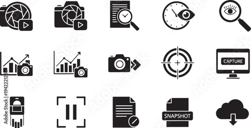 Black and white of cameras, graphs, and computer screens with various symbols lens document
