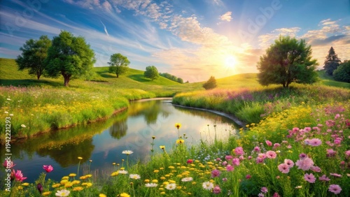 Wallpaper Mural Serene Sunset Landscape Featuring a Picturesque Pond, Lush Meadows, and Vibrant Wildflowers Blooming Abundantly Torontodigital.ca