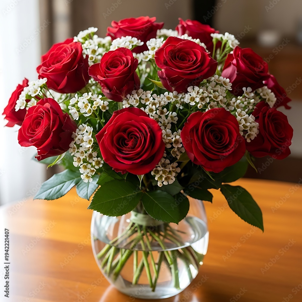 Fototapeta premium A bouquet of red roses in a clear glass vase on a wooden table