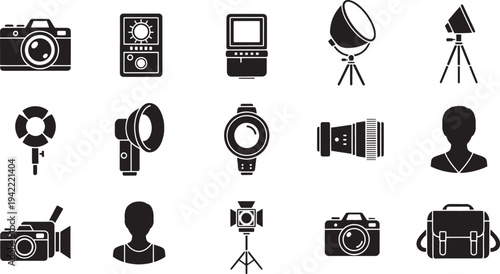 Black and white of equipment and accessories camera lens tripod