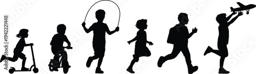 Kids Outdoor Play Silhouettes with Scooter Bicycle Jump Rope Running and Toy Airplane, Happy Children Activity Set Isolated for Childhood Design