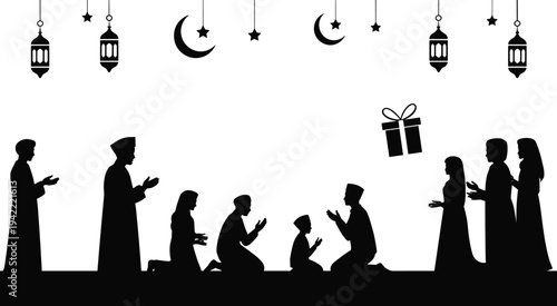 Muslim Family Praying Silhouettes with Crescent Moon Stars Lanterns and Gift, Ramadan and Eid Celebration Scene Isolated for Islamic Design