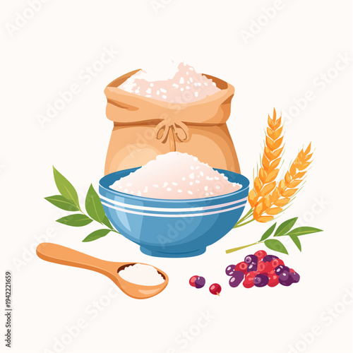 Ingredientes de repostería: azúcar granulada, trigo, bayas y hojas verdes sobre fondo blanco transparente.