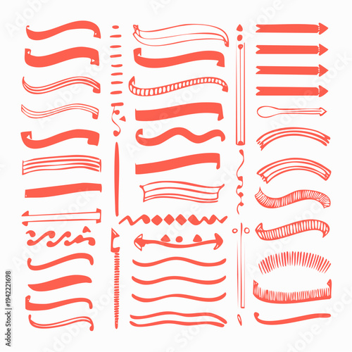 Conjunto de banners y subrayados dibujados a mano en color rojo, ideales para diseño gráfico y web.