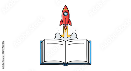 Rocket launching from open book, symbolizing education and innovation