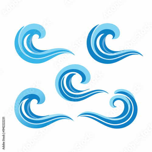 Conjunto de iconos de olas marinas estilizadas en tonos azules, diseño vectorial con fondo transparente.
