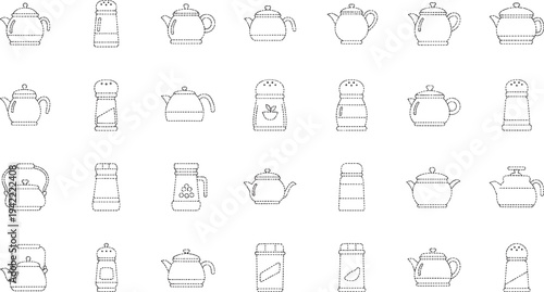 Set of 30 black and white tea kettles and salt and pepper shakers in a grid pattern salt shaker