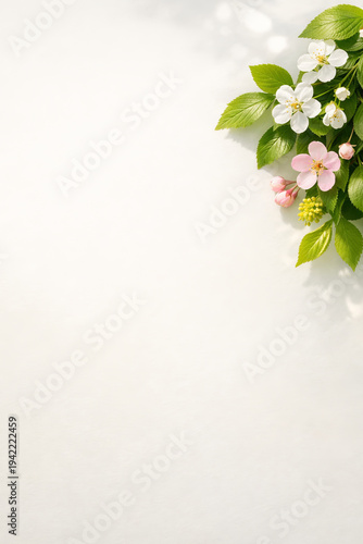 Spring flowers and green leaves on light background for copy space. concept of nature, seasonal change, freshness, copy space, Vertical