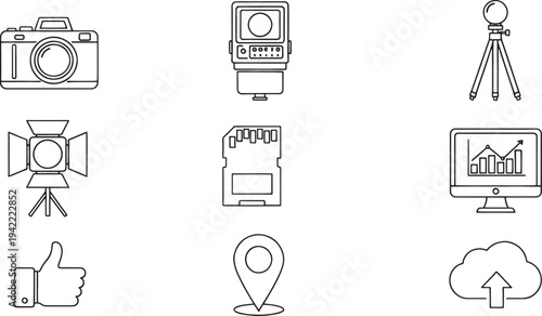 Set of nine black and white related to and technology camera tripod lighting