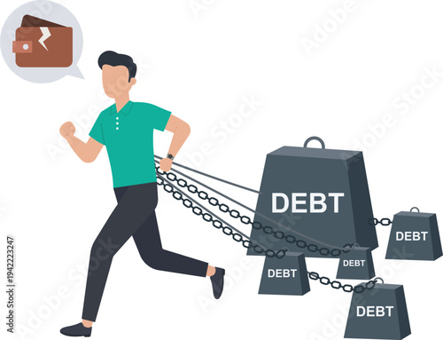 Businessman Running Away from Heavy Debt and Financial Weights