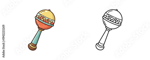 Cartoon baby rattle illustration in flat colored and linear styles with colorful small beads inside used for nursery toy equipment isolated on white background