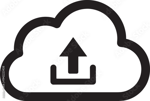 Black and white cloud with upward arrow symbol inside upload download cloud computing