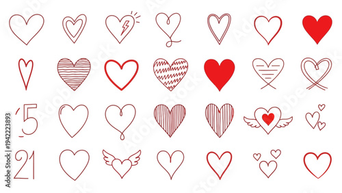 Diverse collection of hand-drawn red and outline heart shapes, perfect for Valentine's Day, romance, or love-themed designs, showcasing artistic doodles and sketches on a white background
