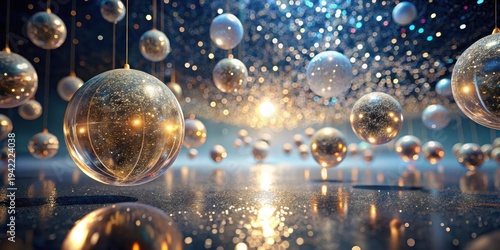 Wallpaper Mural Sparkling orbs suspended in a celestial scene, reflecting ambient light and casting shimmering reflections on a glittery surface Torontodigital.ca