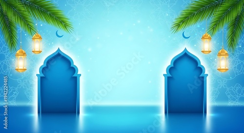 Islamic Ramadan Eid Celebration Background with Golden Lanterns.