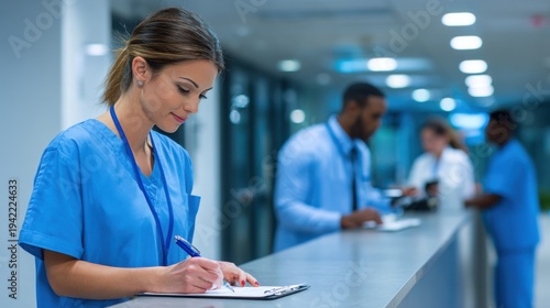 Hospital staff processing health insurance claim for patient on blurred background