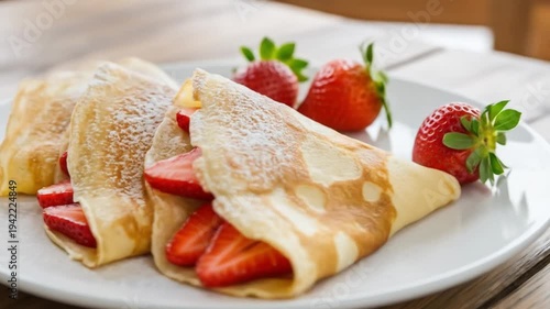 Plate of crepes filled with strawberries dusted with powdered sugar 3 strawberries sit on the plate beside the folded crepes