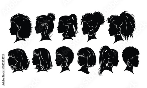 Set of Women Head Silhouettes with Diverse Hairstyles