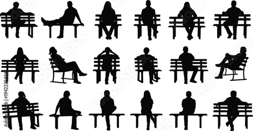 People sitting on bench silhouettes collection, men and women relaxing in park seats, casual resting human figures vector set