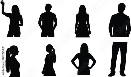 People silhouettes set, men and women standing in different poses, human character figures vector illustration collection