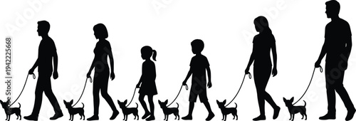 People walking with dog silhouettes collection, men women and children walking pet on leash, outdoor lifestyle vector illustration