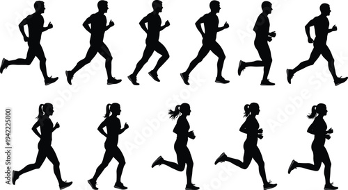 Running people silhouettes set, men and women jogging athletes in motion, fitness training runners, sport lifestyle vector illustration collection