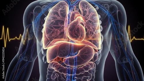 Transparent human torso revealing illuminated organs vascular  skeletal systems and an electrocardiogram on both sides