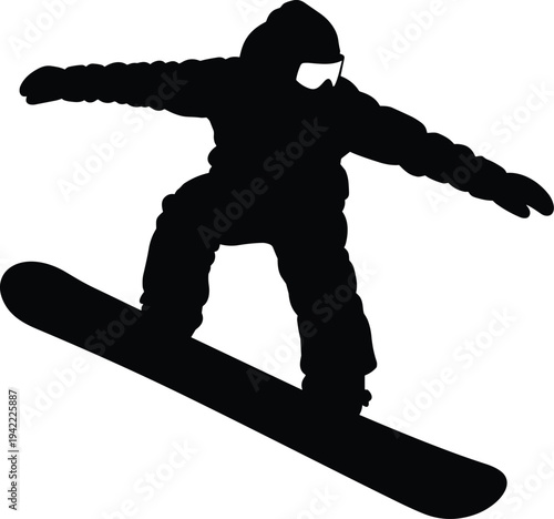 Snowboarder silhouette jumping with snowboard, winter sport athlete performing freestyle trick, extreme snowboarding action vector illustration isolated