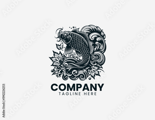 Koi fish with waves and maple leaves black vector logo illustration isolated on white background