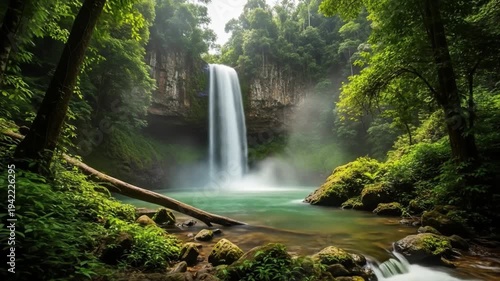 Verdant landscape with a waterfall cascading into a pond surrounded by lush vegetation and rocks