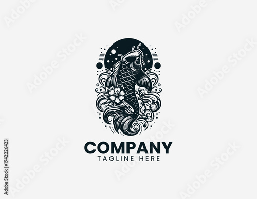 Koi fish with cherry blossoms and rising sun black vector logo illustration isolated on white background