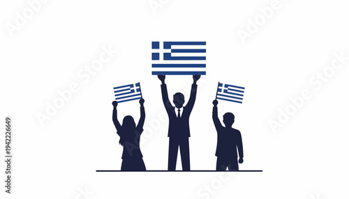Illustration of three silhouetted people holding Greek flags on Independence Day of Greece, with a historic building and ancient Greek statue in the background, conveying a sense of