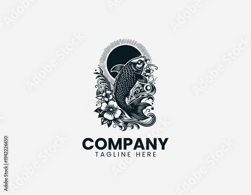Koi fish with cherry blossoms and rising sun black vector logo illustration isolated on white background