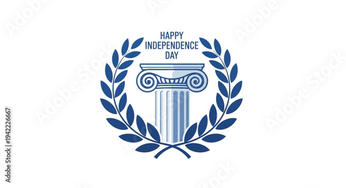 Vector illustration of a historic Greek Independence Day emblem with a laurel wreath, column, and flying bird on a white background, symbolizing freedom and celebration.