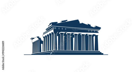 Vector illustration of a historic building with columns and a Greek flag flying on top, celebrating The Independence Day of Greece with a flying bird and ancient Greek statue in the