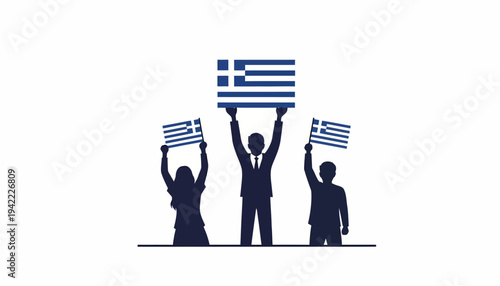 Vector illustration of three silhouetted people holding Greek flags on Independence Day of Greece, with a historic building background and an ancient Greek statue, conveying a sense of