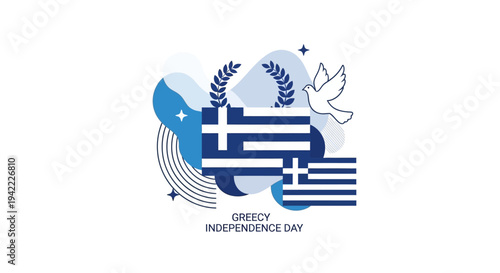 Illustration of a historic building and ancient Greek statue with a flying bird and Greek flag on Greece Independence Day, featuring a character in a mask, set against a blue and white