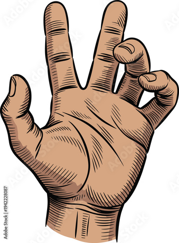 Detailed illustration of human hand making OK gesture with thumb and index finger forming circle, symbolizing approval, agreement, positivity, and non-verbal communication concept