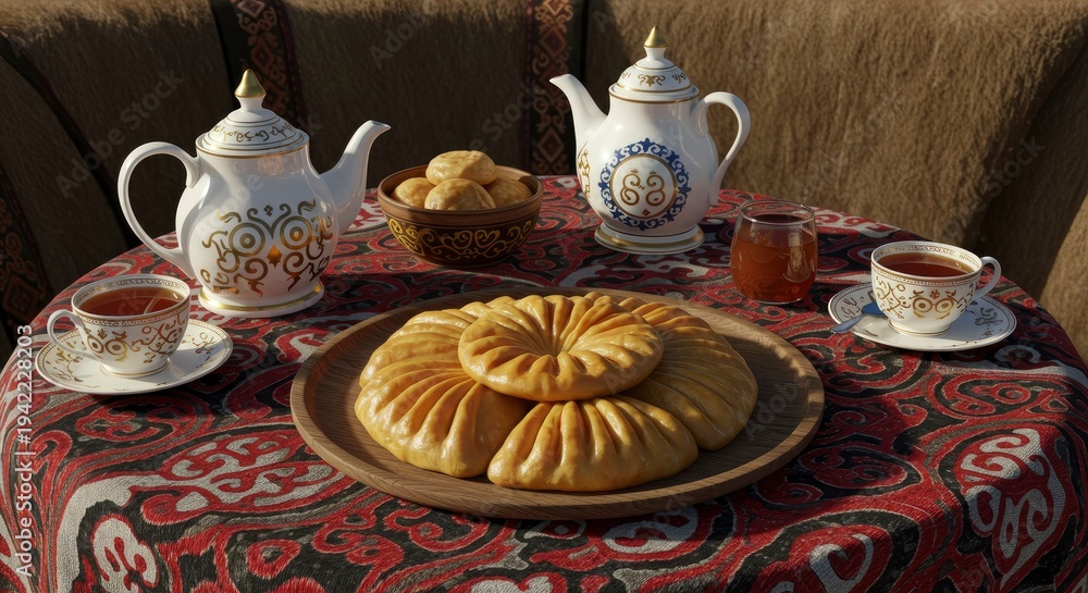 Fototapeta premium Traditional Tea Ceremony with Baked Goods and Decorative Teaware