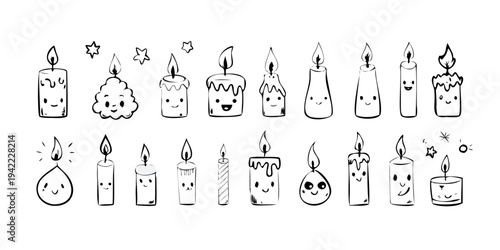Cute kawaii candle character emoji set, glowing doodle cartoon icons, Neon cute candle emoticon collection, hand drawn funny fire character stickers.