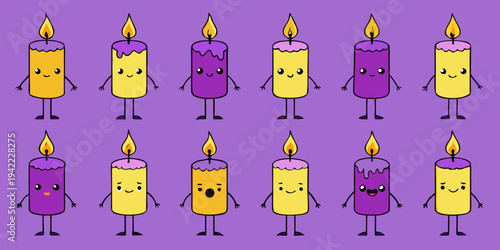Cute kawaii candle character emoji set, glowing doodle cartoon icons, Neon cute candle emoticon collection, hand drawn funny fire character stickers.