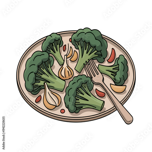 Garlic Roasted Broccoli Illustration of Steamed Florets with Fresh Cloves on Plate