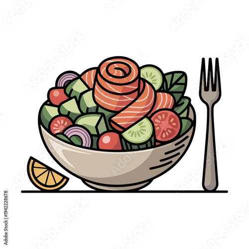 Smoked Salmon Salad Bowl Vector Illustration of Fresh Seafood Mix with Sliced Fish and Veggies